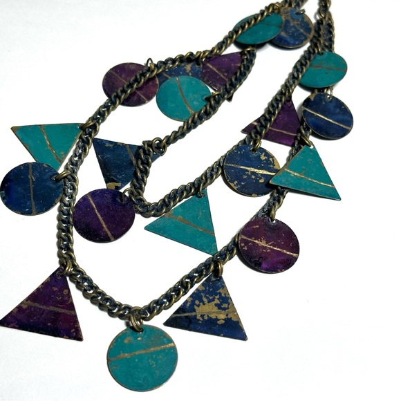 Vintage Purple Teal Blue Necklace Weathered Painted Brass Geometric Shapes 1980s - Picture 6 of 7